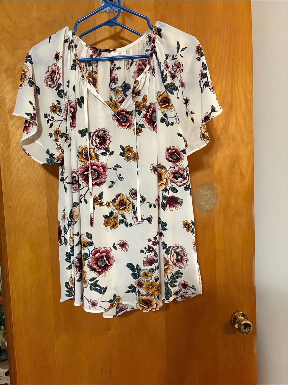 Maurices Cream Floral Tie-Neck Blouse with Pink and Yellow Blooms